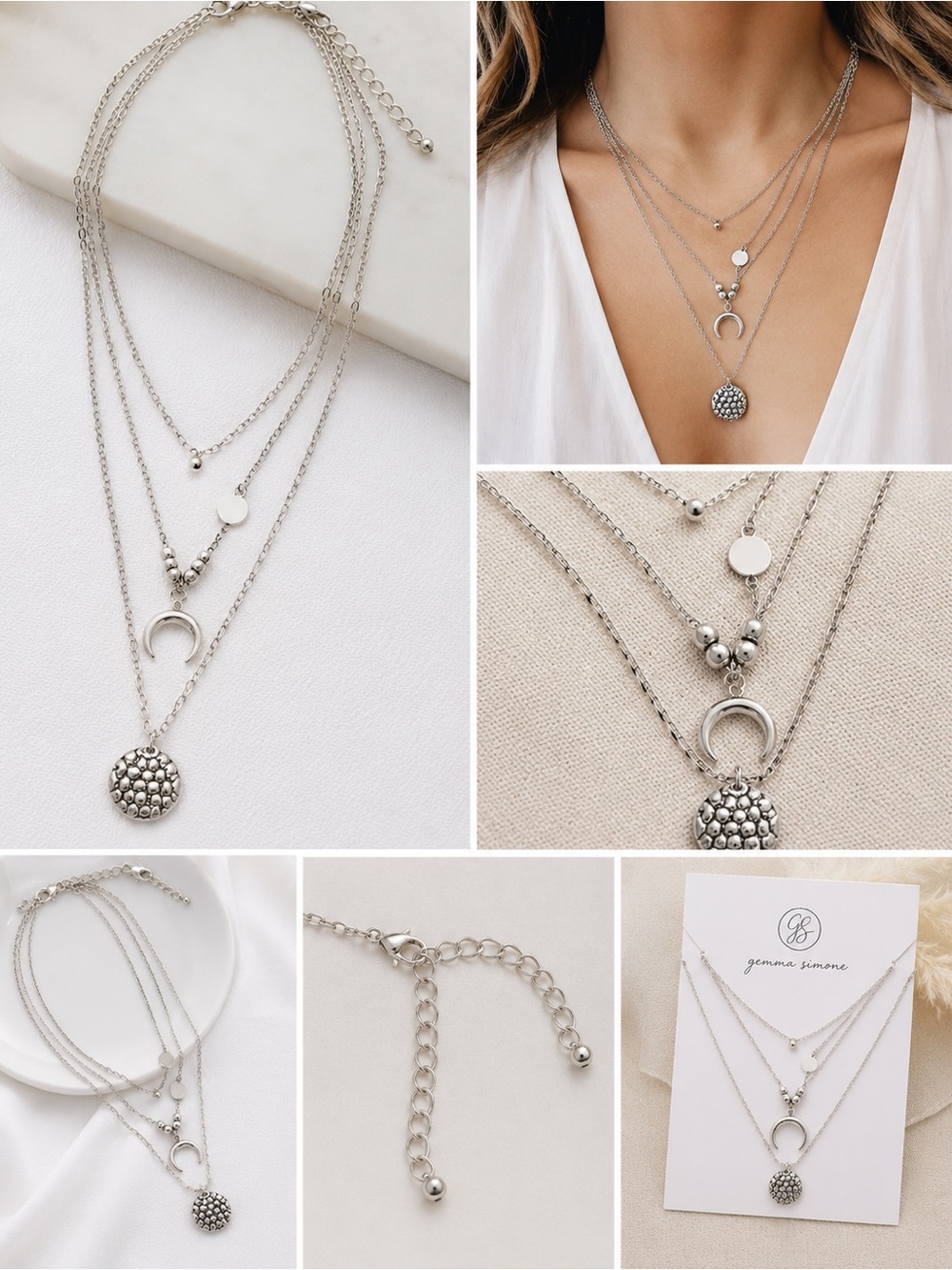 Vertical Collective Layered Silver Necklace Moon Pendant Boho Minimalist